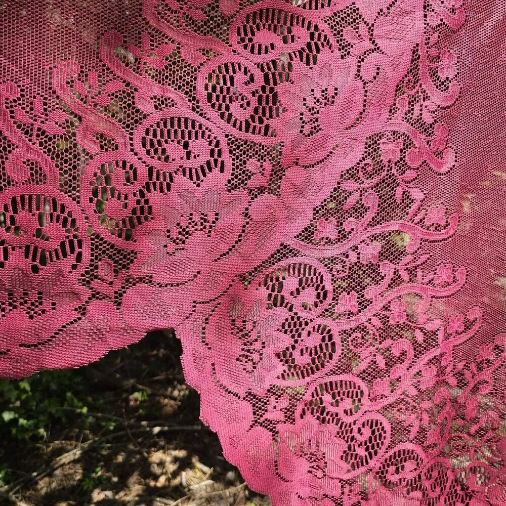 Vintage Cranberry Floral Lace Valance Curtain Panel Cottagecore Shabby Chic